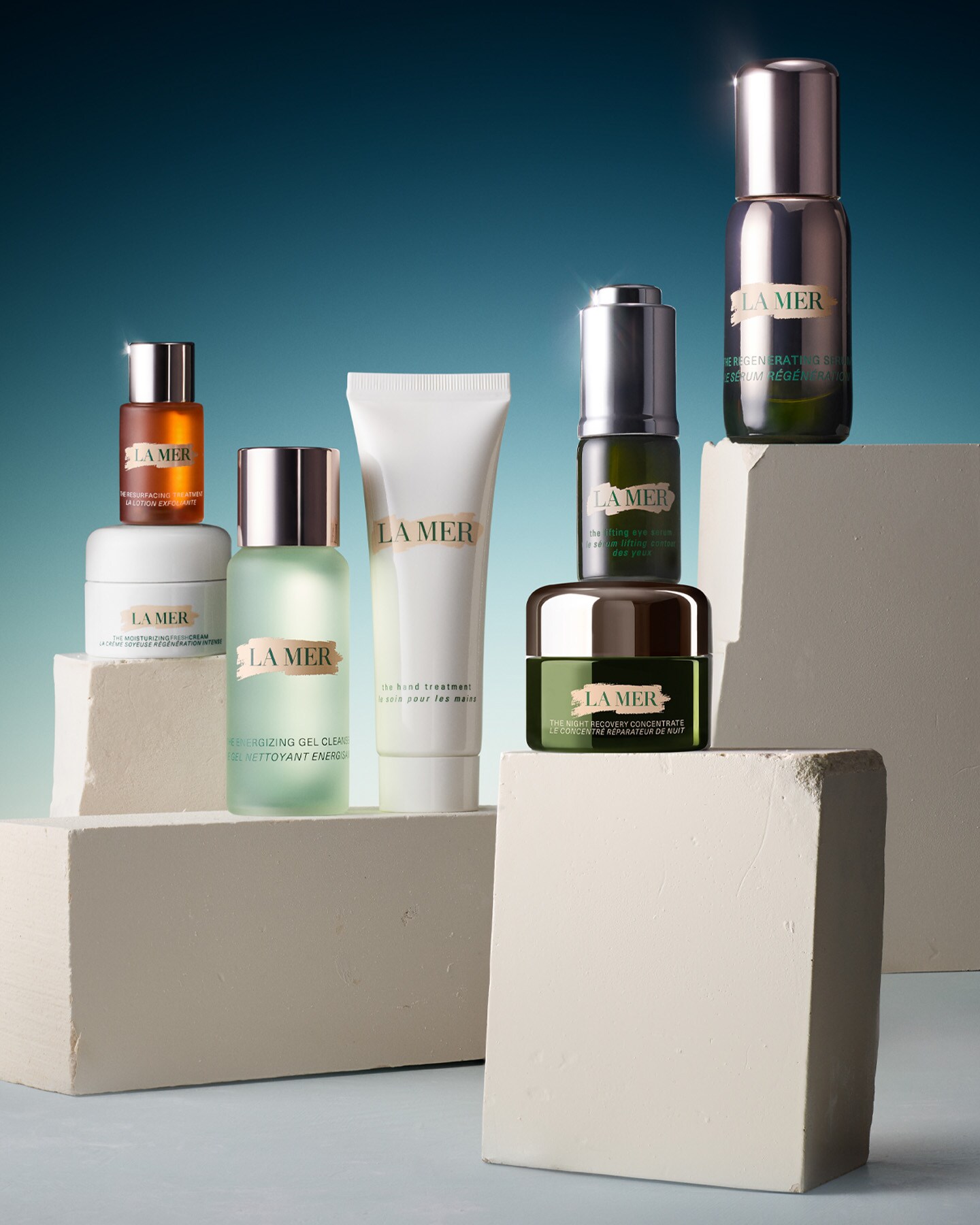 La Mer products sitting on stone blocks. Afterpay Day Gift, valued at up to $823 when you spend $850+.